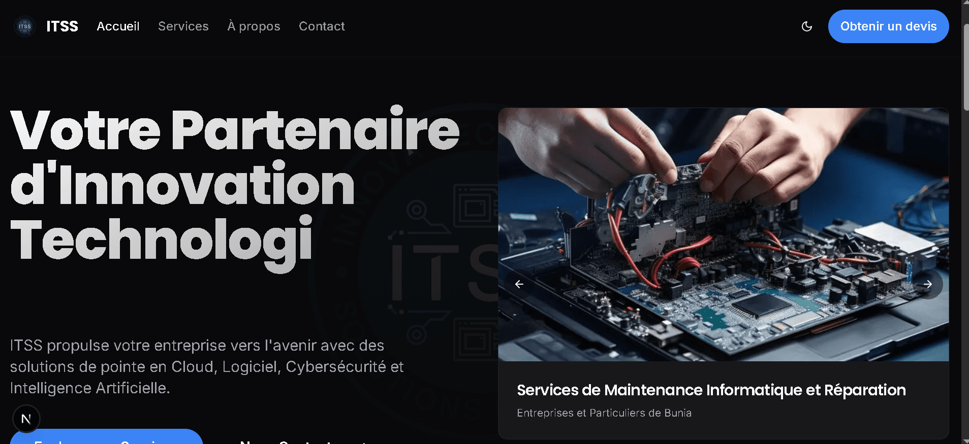 Capture d'écran du site web d'ITSS montrant la page d'accueil.